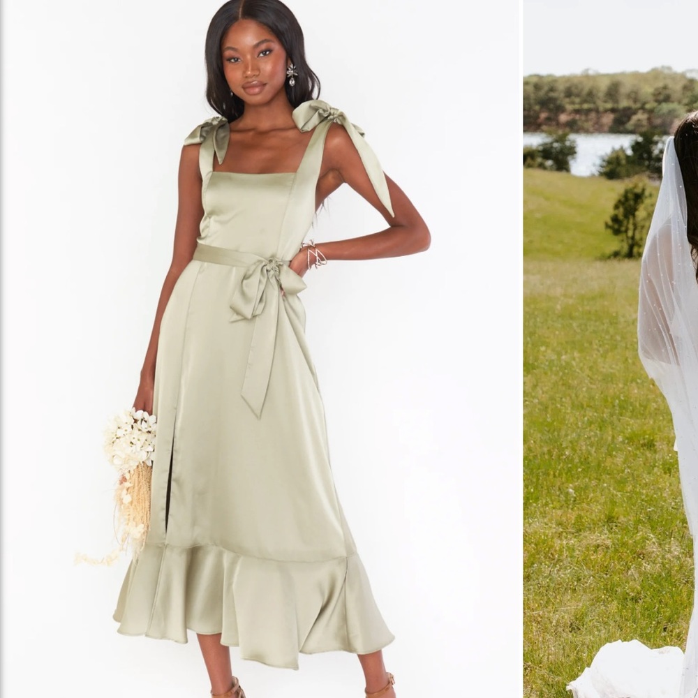 Show Me Your MuMu Claire Midi Dress in Moss Green Luxe Satin